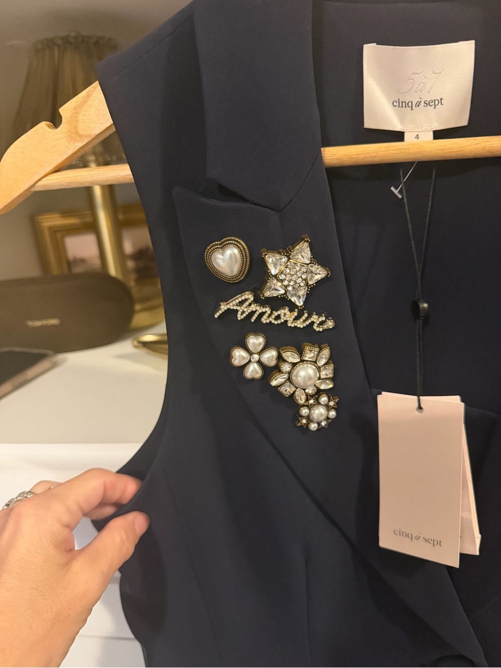 cinq a sept Navy Sleeveless Blazer Vest with Lace Hem and Brooch Accents - Picture 7 of 8